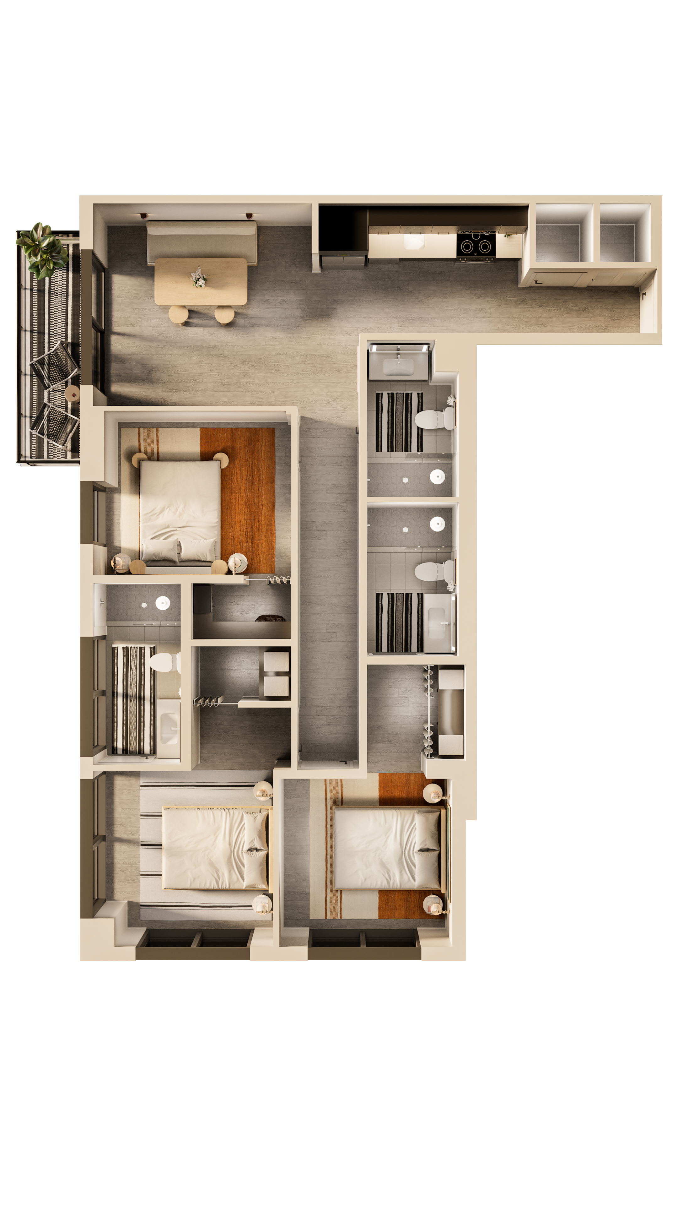 Floor plan for 3 beds, 3 baths, 1187 sqft